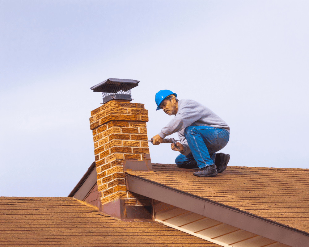 A roofer wearing a blue hard hat kneels on a residential roof while caulking a brick chimney. He is inspecting the chimney for potential issues, ensuring proper sealing and maintenance.