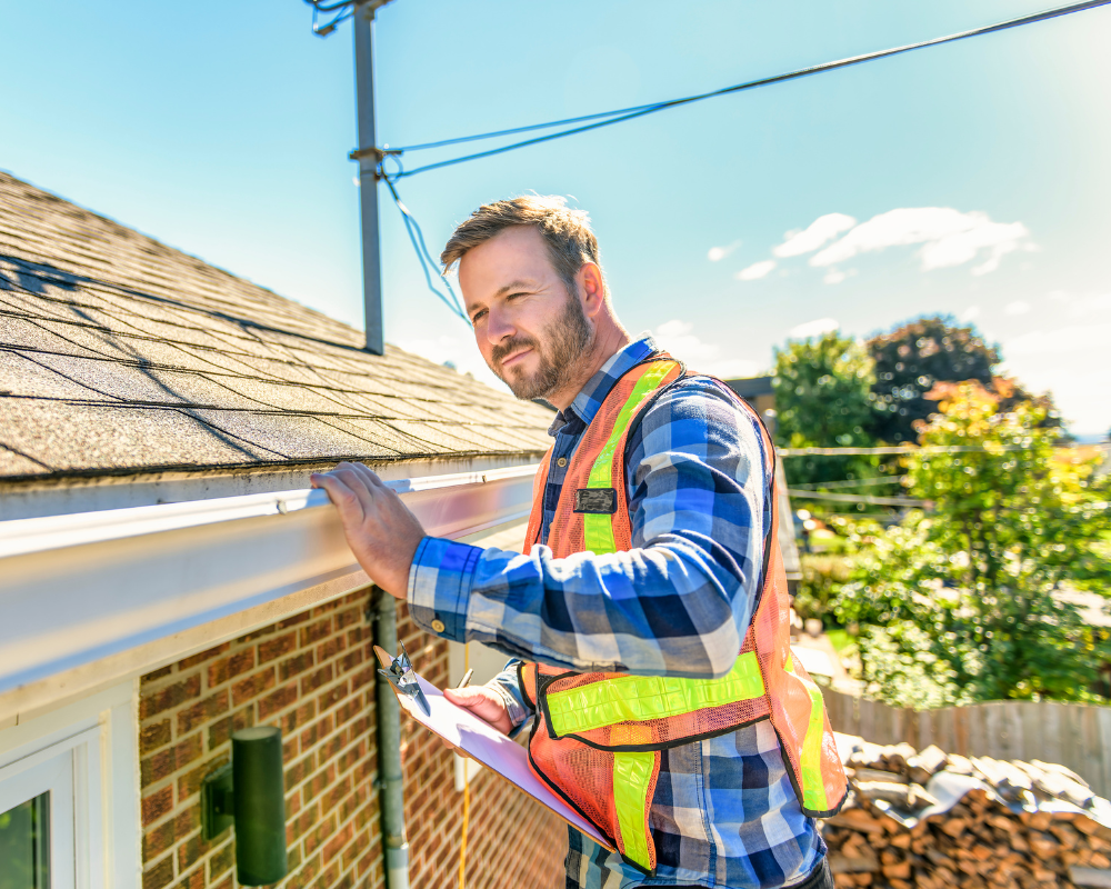 A residential roofing inspector wearing a high-visibility safety vest and plaid shirt examines the gutters and shingles of a home. He holds a clipboard while inspecting the roof under a bright, sunny sky. The background features trees, a wooden fence, and power line