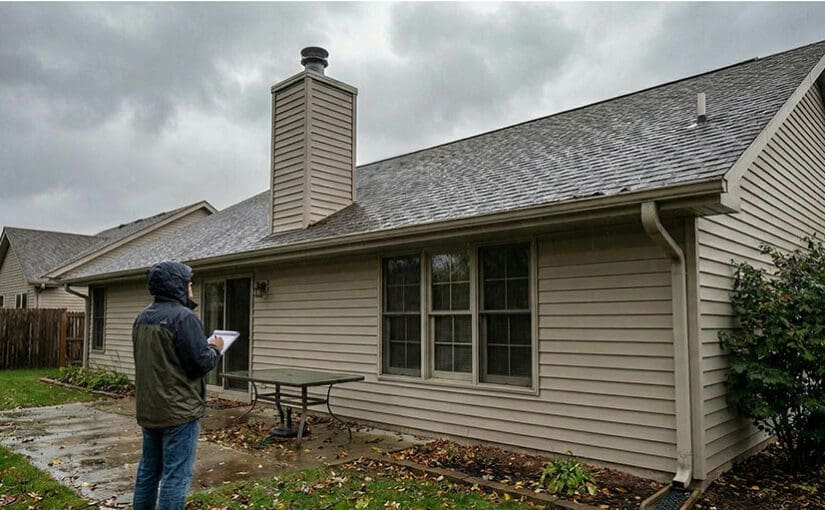 Homeowner looking at roof damage after a storm as part of a storm damage roof inspection.