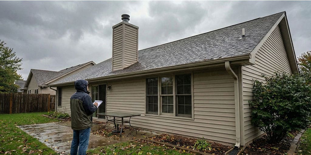 Homeowner looking at roof damage after a storm as part of a storm damage roof inspection.