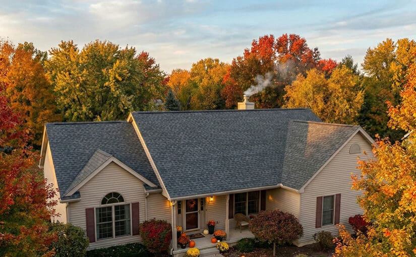 Home with a new roof surrounded by fall foliage, showing a completed fall roof replacement before winter.