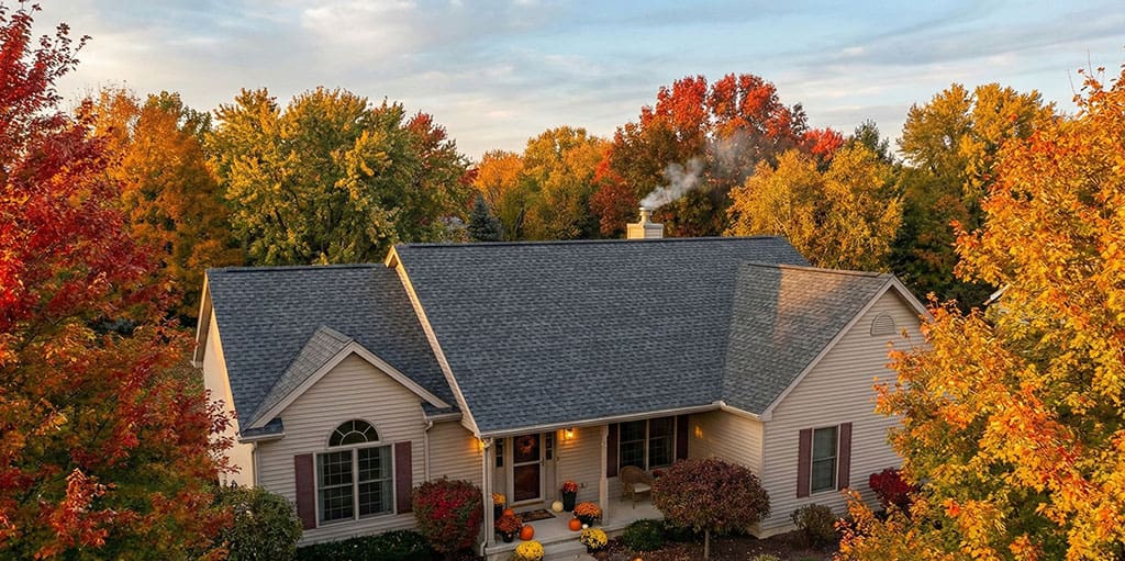 Home with a new roof surrounded by fall foliage, showing a completed fall roof replacement before winter.